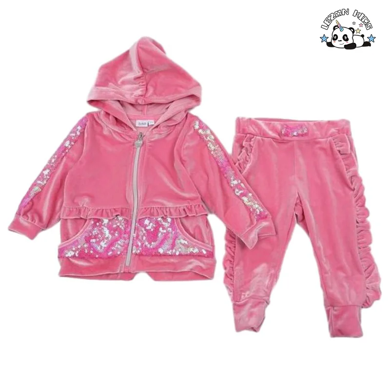 Spring Autumn Pink Sequin Velvet Hoodie and Pants Two Pieces Girls Clothing Sets Casual