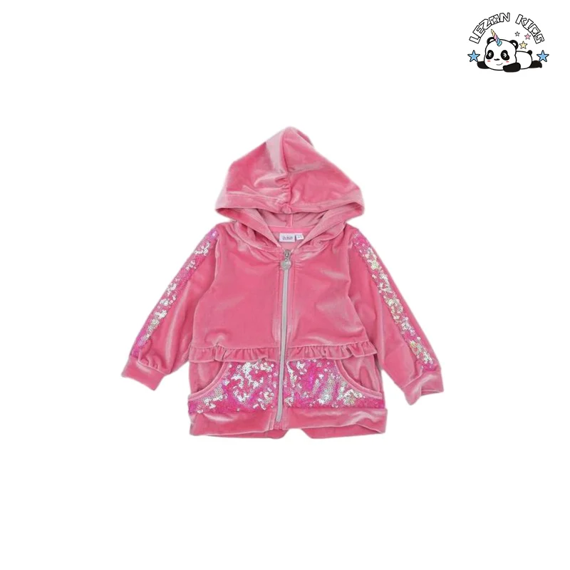 Spring Autumn Pink Sequin Velvet Hoodie and Pants Two Pieces Girls Clothing Sets Casual - Product Image