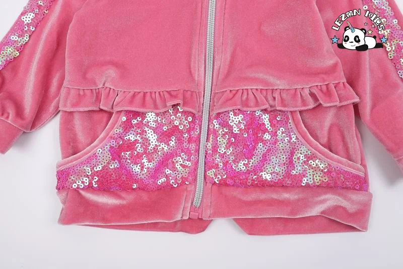 Spring Autumn Pink Sequin Velvet Hoodie and Pants Two Pieces Girls Clothing Sets Casual - Product Image