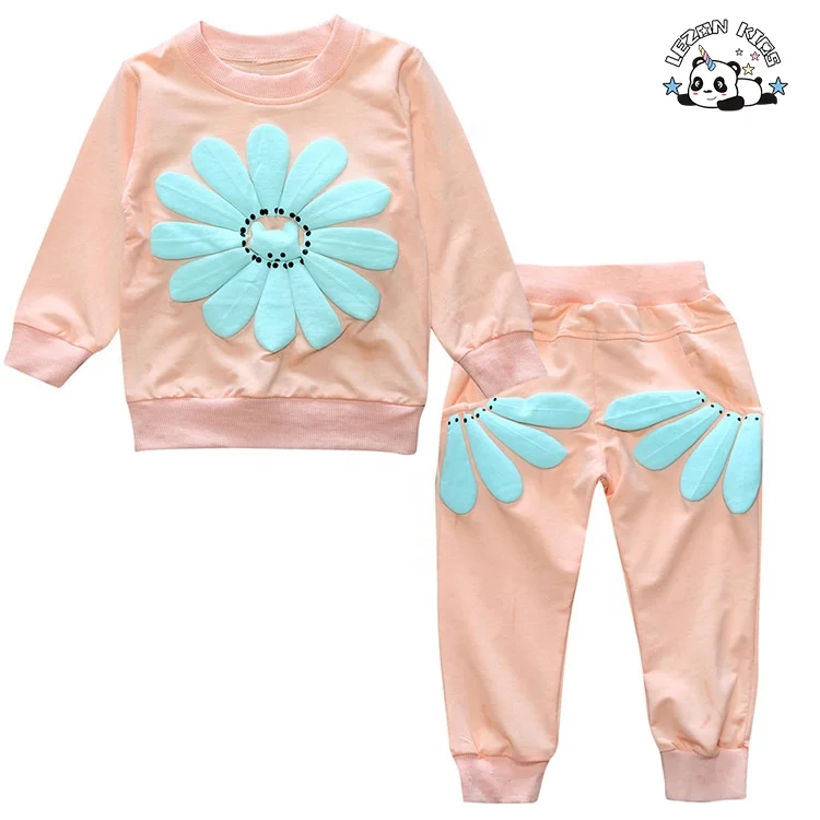 Spring cotton sunflower print 2 pieces of children's baby suit wholesale children's boutique clothes for girls