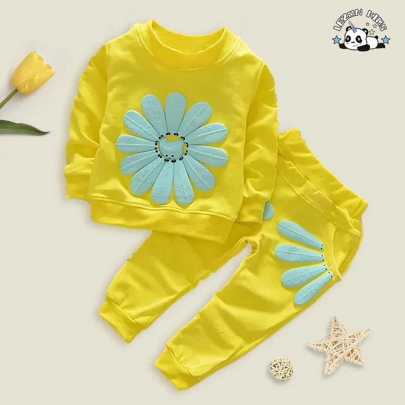 Spring cotton sunflower print 2 pieces of children's baby suit wholesale children's boutique clothes for girls - Product Image
