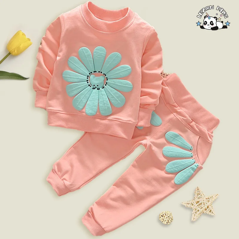 Spring cotton sunflower print 2 pieces of children's baby suit wholesale children's boutique clothes for girls - Product Image