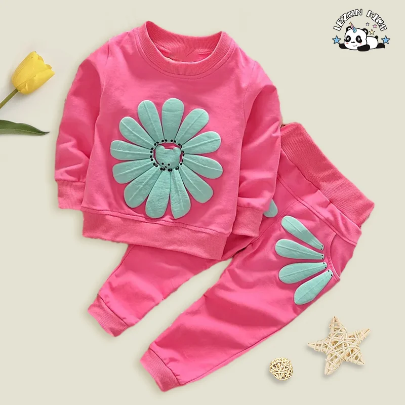 Spring cotton sunflower print 2 pieces of children's baby suit wholesale children's boutique clothes for girls - Product Image