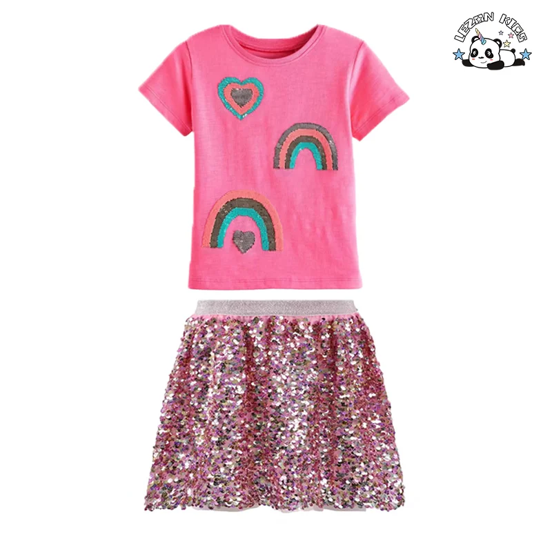 Stylish Girls Custom 2-Piece Summer Clothing Set Sequin Skirt with Sequins Embroidered T-Shirts