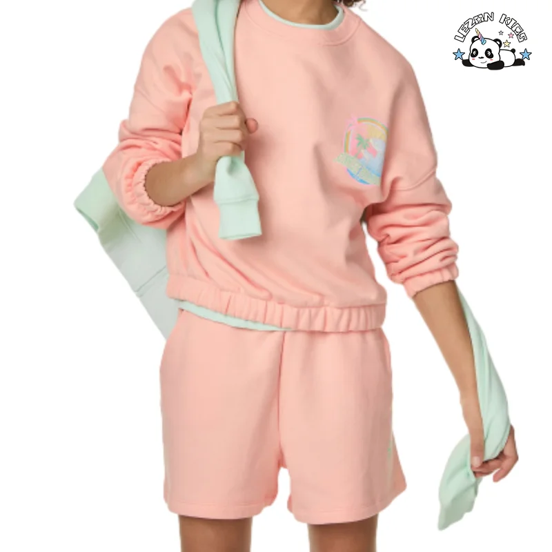 Conjunto de camisola de manga comprida e calções curtos para raparigas estilosas Conjunto de roupa infantil