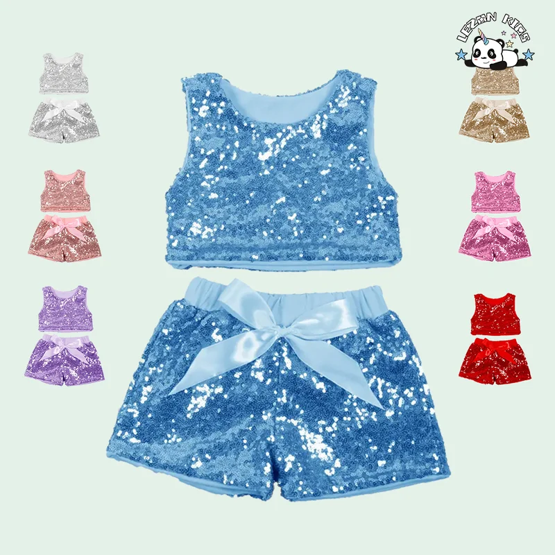 Conjunto de colete sem mangas com lantejoulas e shorts para meninas no verão, roupa de bebê