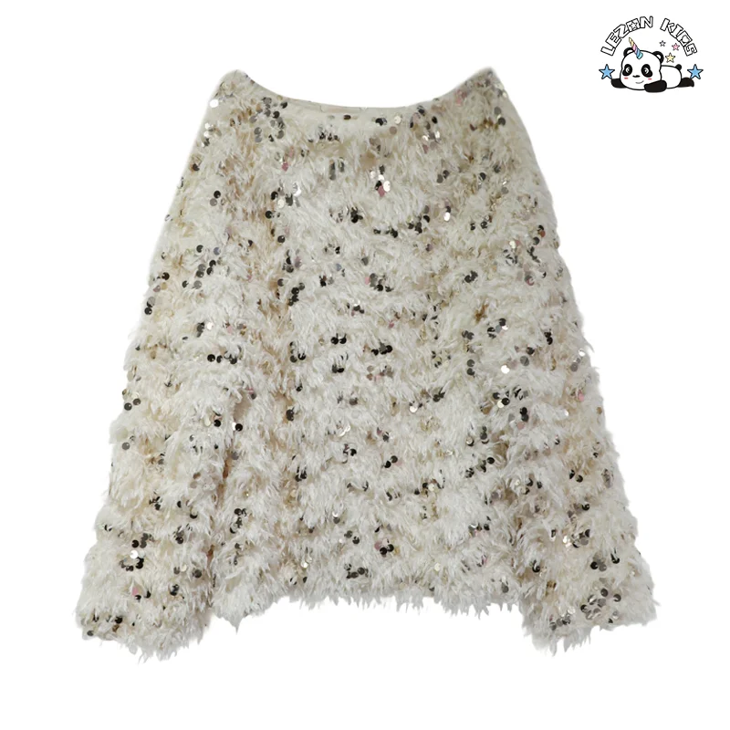 Conjuntos de Roupas Personalizadas para Meninas Mais Vendidos Vestido de Festa de Manga Longa com Roupas de Pena Sequined de Ouro para Crianças