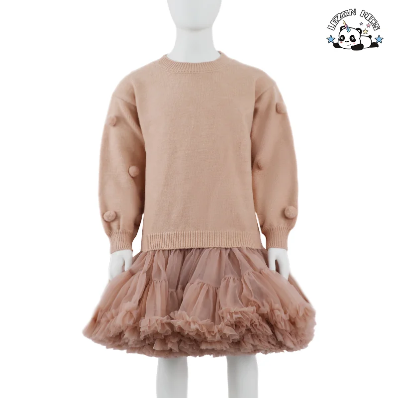 Two Pieces Long Sleeve Soft Knitting Pullover Sweater With Tutu Skirt Toddler Girl Winter Clothing Sets