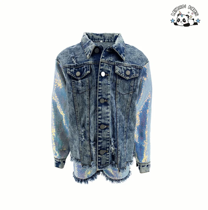 Unicorn sequins jacket and shorts children's denim set