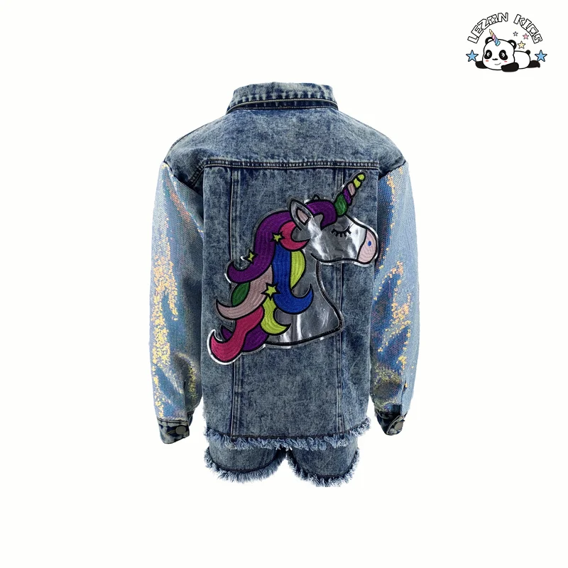 Unicorn sequins jacket and shorts children's denim set - Product Image