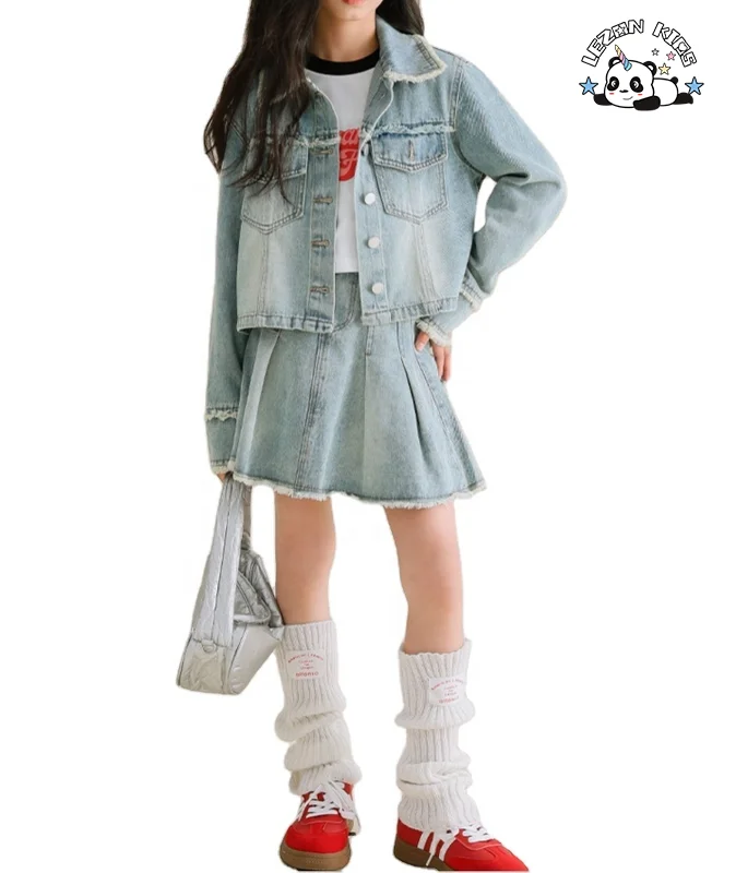 Conjunto de duas peças com jaqueta jeans e saia de jeans casual com gola virada e borlas para meninas