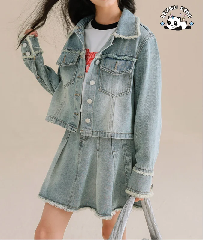 Conjunto de duas peças com jaqueta jeans e saia de jeans casual com gola virada e borlas para meninas - Product Image