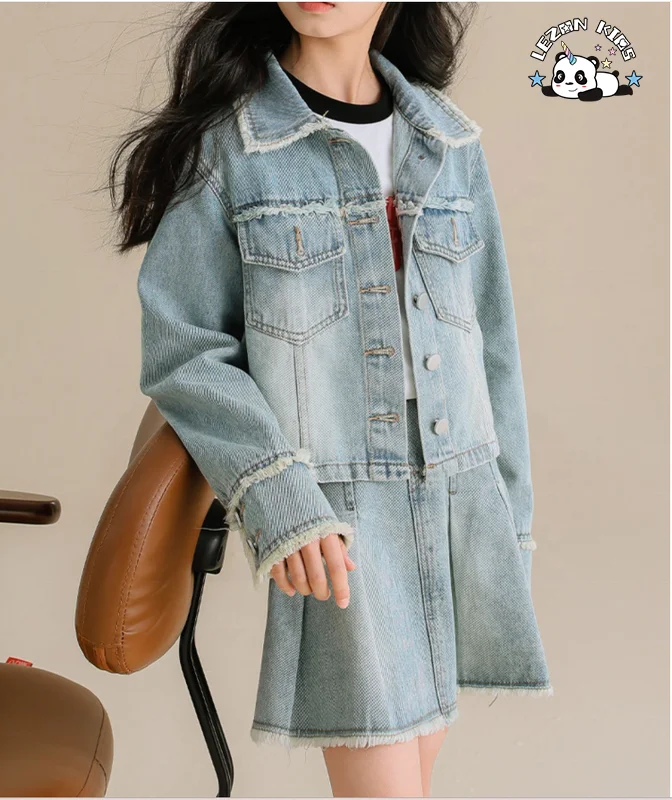 Conjunto de duas peças com jaqueta jeans e saia de jeans casual com gola virada e borlas para meninas - Product Image