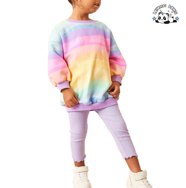Atacado de Conjunto de Roupas de Arco-Íris Casual de 2 Peças com Logotipo Personalizado, Manga Longa, Estilo Fofo de Amor, Calças, Conjunto de Roupas para Meninas para Primavera e Inverno