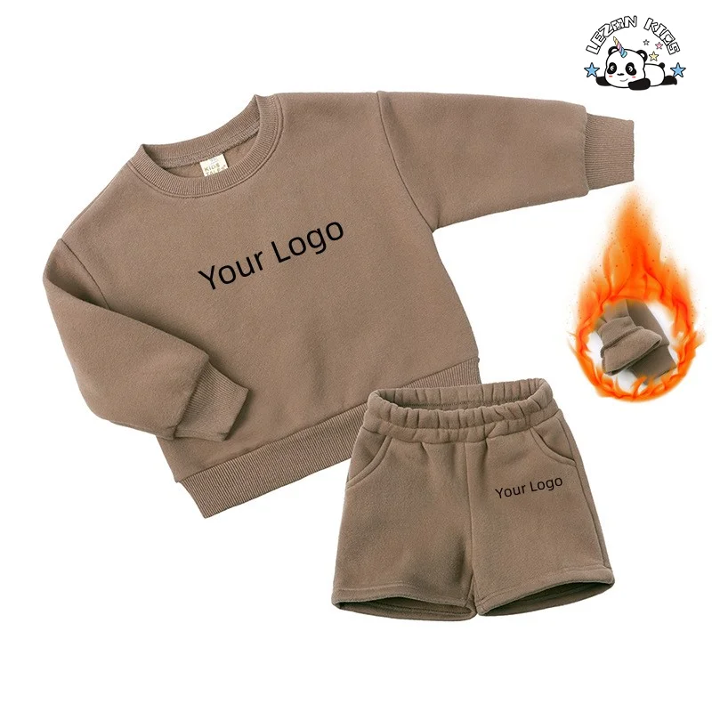 Atacado Casual Luxo Personalizar logotipo Fleece Sweatsuit Shorts Conjunto Menino Roupas Meninas Conjuntos