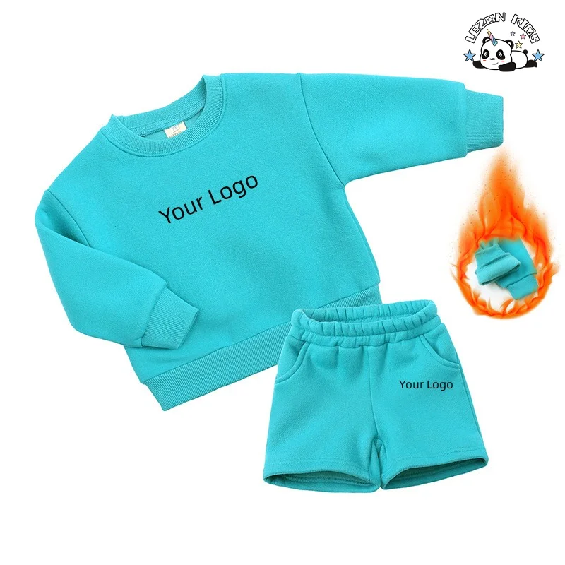 Atacado Casual Luxo Personalizar logotipo Fleece Sweatsuit Shorts Conjunto Menino Roupas Meninas Conjuntos - Product Image