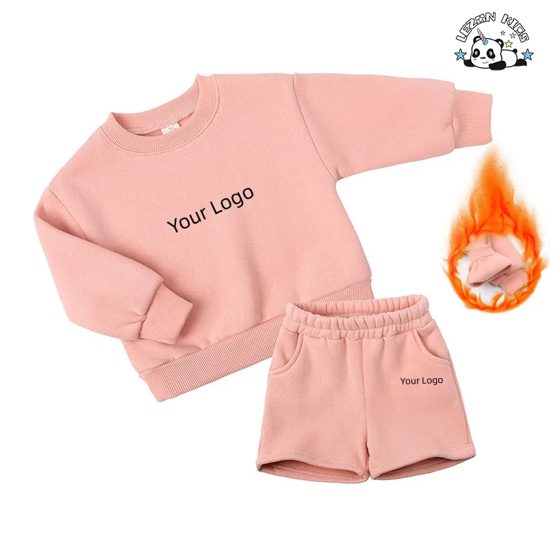 Atacado Casual Luxo Personalizar logotipo Fleece Sweatsuit Shorts Conjunto Menino Roupas Meninas Conjuntos - Product Image
