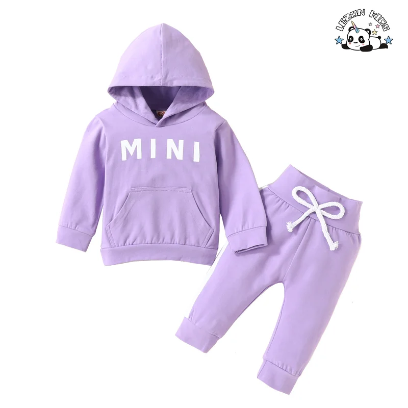 Atacado de conjunto de roupas infantis femininas com logotipo personalizado, 2 peças, capuz e calças