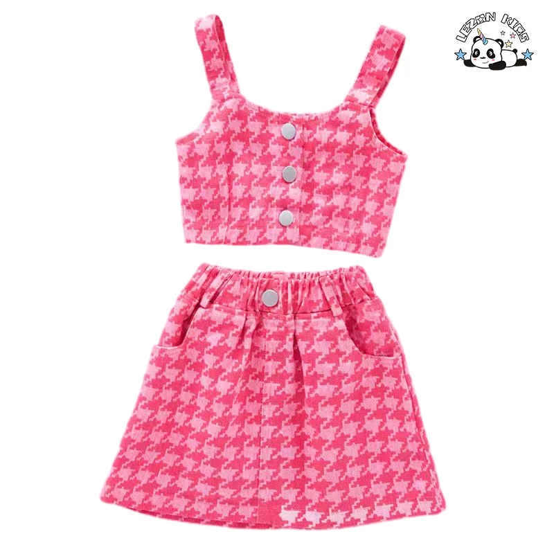 Atacado de Alta Qualidade Personalizado Doce Alça de Espaguete Botão e Bolsos Saia Conjuntos de Roupas de Boutique para Meninas