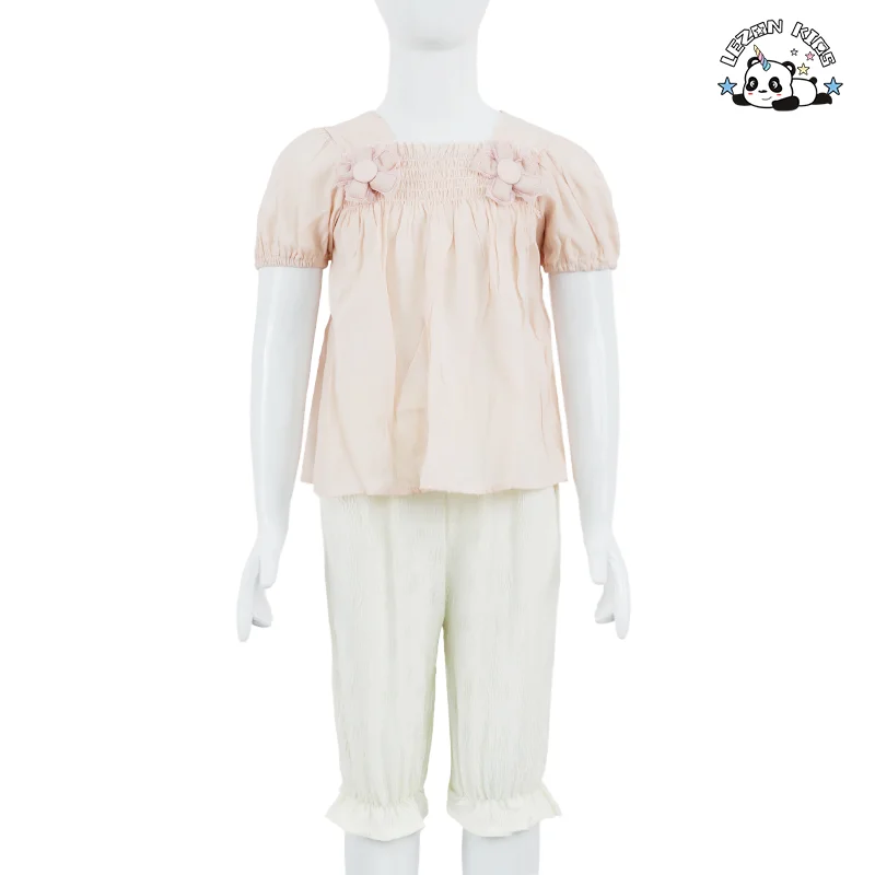 Conjunto de Roupas Femininas de Alta Qualidade para Varejo com Manga Bufante e Flor Cute para Meninas de 11 Anos