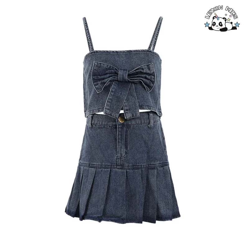 Atacado de Conjuntos de Roupas Femininas de Alta Qualidade e Luxo em Denim com 2 Peças, Top e Saia com Laço para Meninas de 11 Anos
