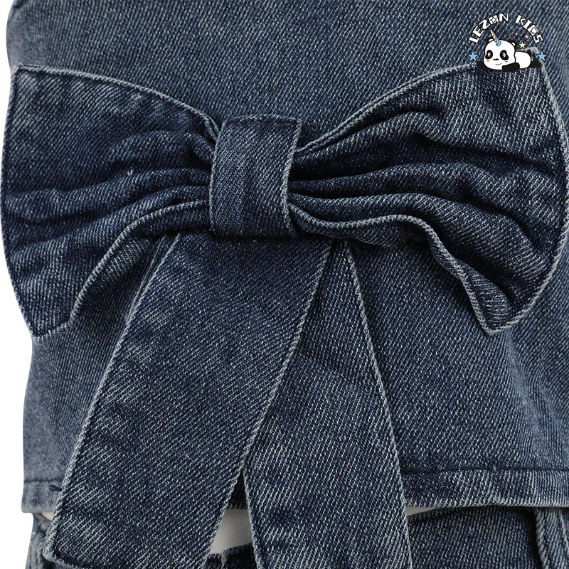 Atacado de Conjuntos de Roupas Femininas de Alta Qualidade e Luxo em Denim com 2 Peças, Top e Saia com Laço para Meninas de 11 Anos - Product Image