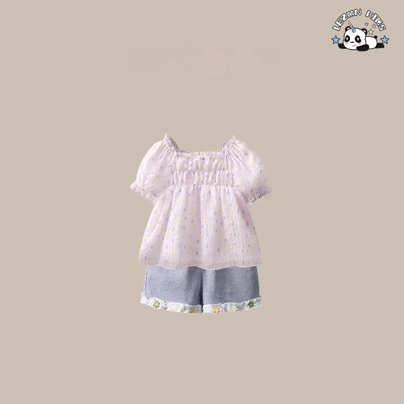 Conjunto de Roupas de Boutique para Meninas com Camiseta de Manga Bufante Roxa e Short de Jeans de Alta Qualidade para Venda por Atacado para Verão - Product Image