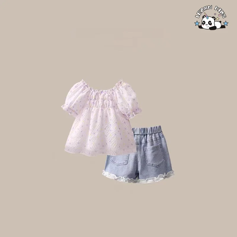 Conjunto de Roupas de Boutique para Meninas com Camiseta de Manga Bufante Roxa e Short de Jeans de Alta Qualidade para Venda por Atacado para Verão - Product Image