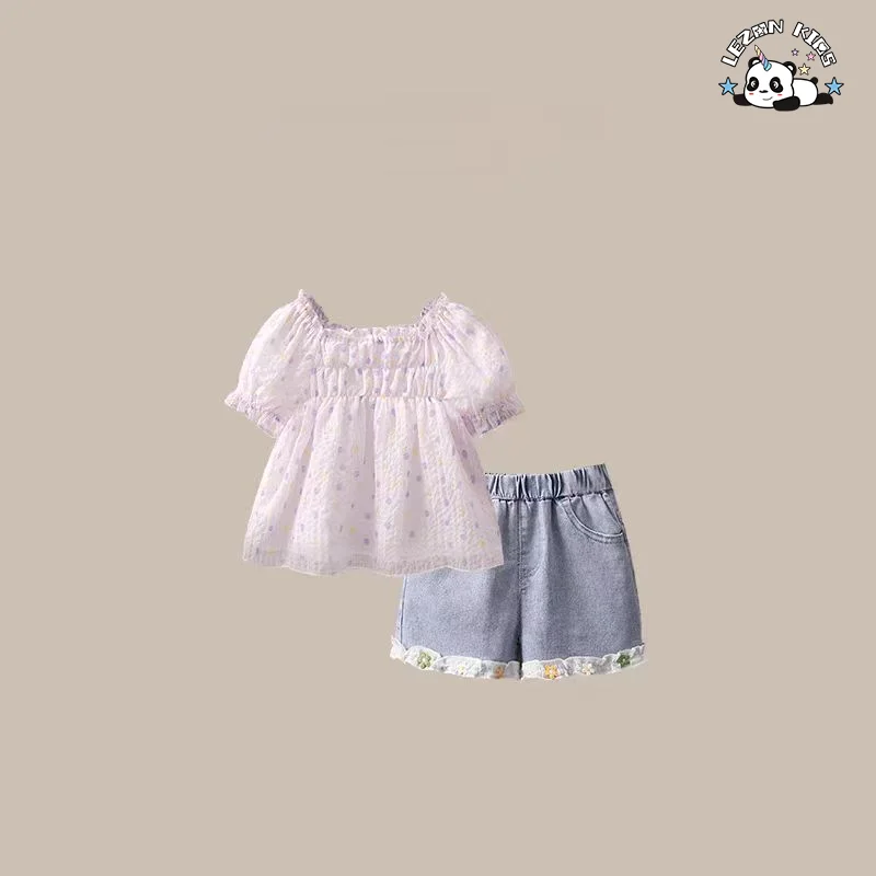 Conjunto de Roupas de Boutique para Meninas com Camiseta de Manga Bufante Roxa e Short de Jeans de Alta Qualidade para Venda por Atacado para Verão - Product Image