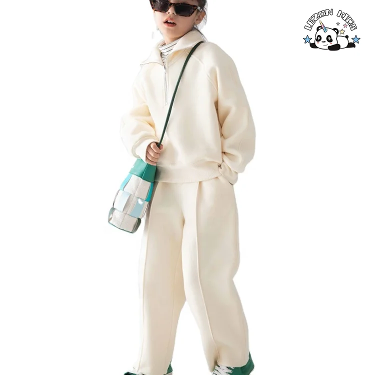 Winter Fashion New Plain Hoodie with Collar Zipper Loose Straight Trouser Girls Girls' Sports Sweatsuit Set