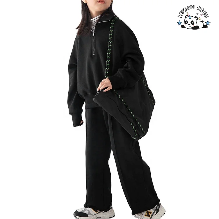 Winter Fashion New Plain Hoodie with Collar Zipper Loose Straight Trouser Girls Girls' Sports Sweatsuit Set - Product Image