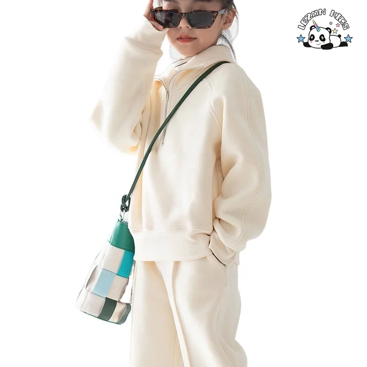 Winter Fashion New Plain Hoodie with Collar Zipper Loose Straight Trouser Girls Girls' Sports Sweatsuit Set - Product Image