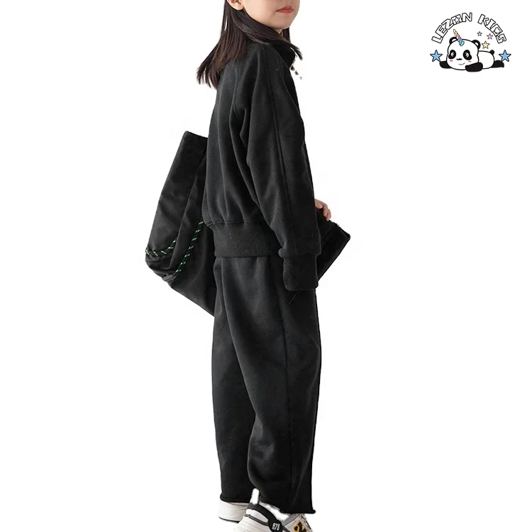 Winter Fashion New Plain Hoodie with Collar Zipper Loose Straight Trouser Girls Girls' Sports Sweatsuit Set - Product Image