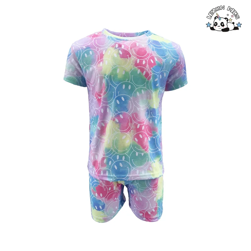 Promoção de verão conjuntos de estampados tie dye para meninas, camiseta de manga curta e calças