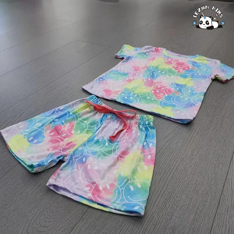 Promoção de verão conjuntos de estampados tie dye para meninas, camiseta de manga curta e calças - Product Image