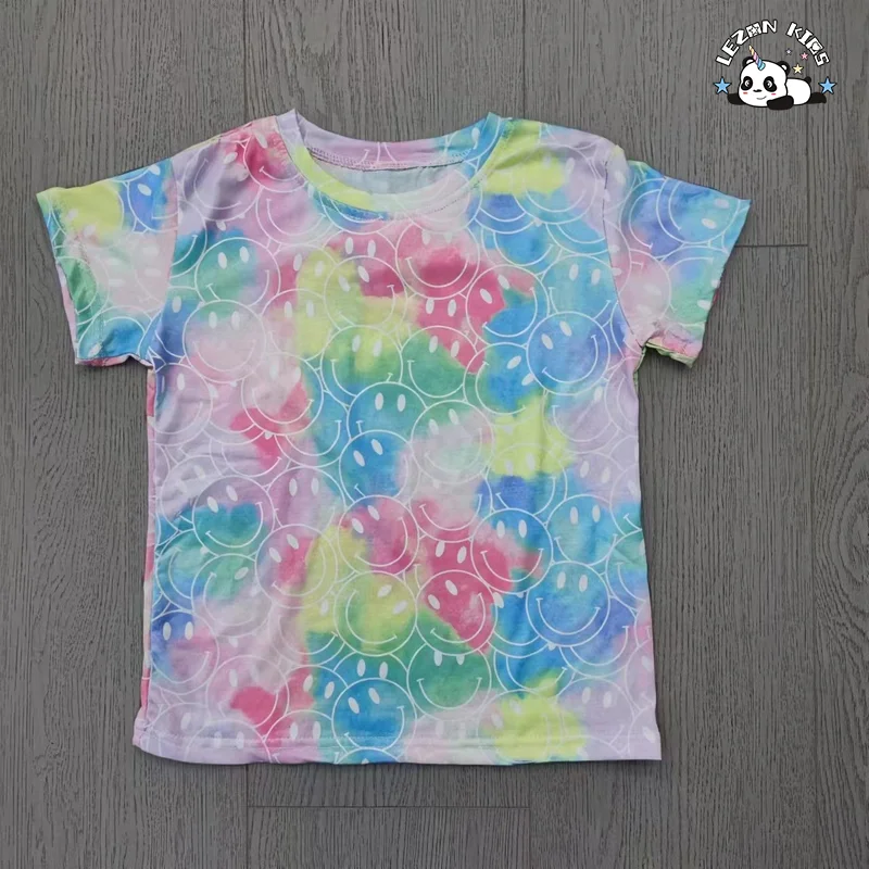 Promoção de verão conjuntos de estampados tie dye para meninas, camiseta de manga curta e calças - Product Image