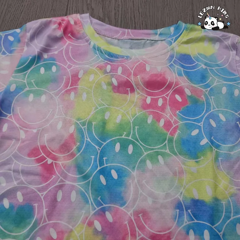 Promoção de verão conjuntos de estampados tie dye para meninas, camiseta de manga curta e calças - Product Image
