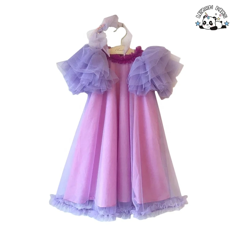 2020 Children Clothing Lavender Ruffles Sleeves Layered Dresses for Girls
