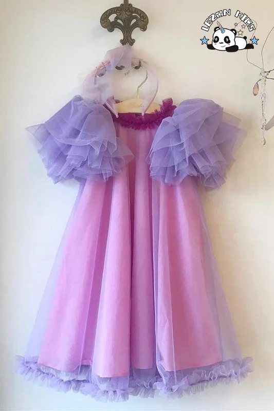 2020 Children Clothing Lavender Ruffles Sleeves Layered Dresses for Girls - Product Image