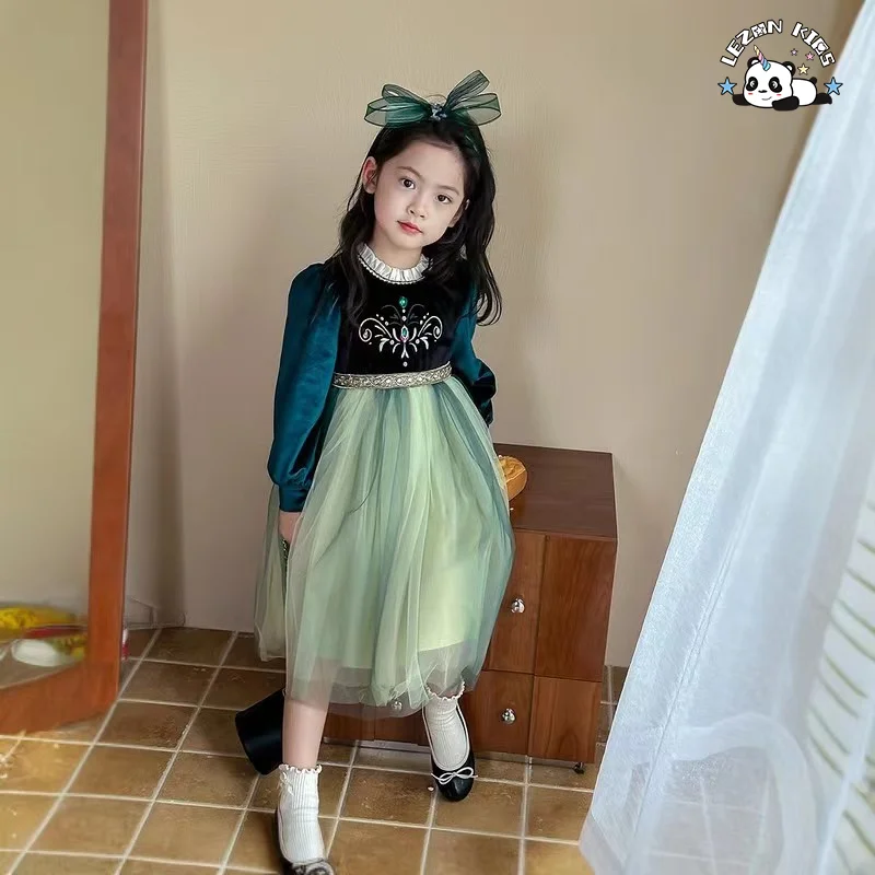 2023 Hot Selling Baby Girl Princess Silk Tulle Dress Green Warm Tutu Dress for little girls