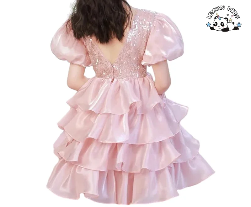 2023 New Girls Sequined Puff Sleeve Layers Lily Satin Tutu Dresses Cute Princess Dress for Girls - Product Image