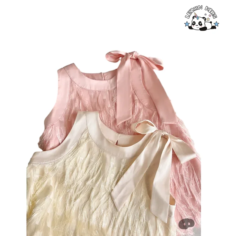2023 Top Fashion Children's Clothes Tassel Feather Tutu Kids Bow Tie Summer Vest Dresses for Kid Girls - Product Image