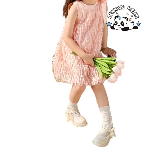 2023 Top Fashion Children's Clothes Tassel Feather Tutu Kids Bow Tie Summer Vest Dresses for Kid Girls - Product Image