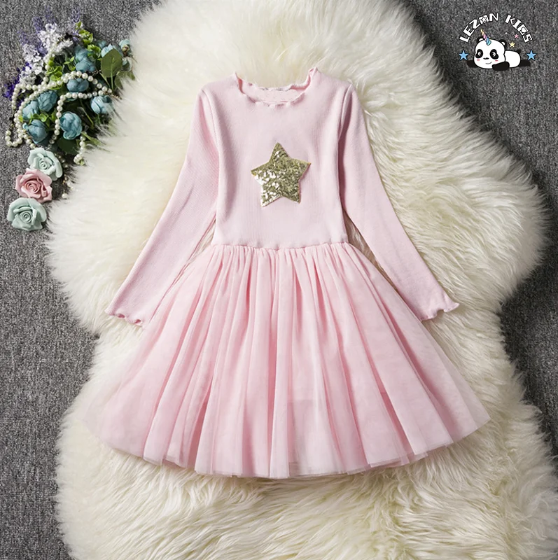 2023 high quality long sleeve custom sequin tulle dresses for girls 5 to 10 years - Product Image