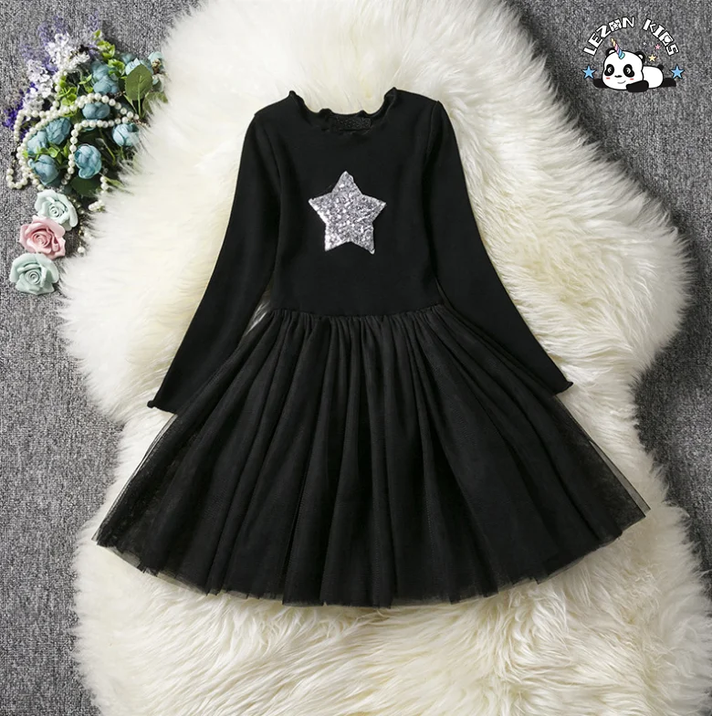 2023 high quality long sleeve custom sequin tulle dresses for girls 5 to 10 years - Product Image