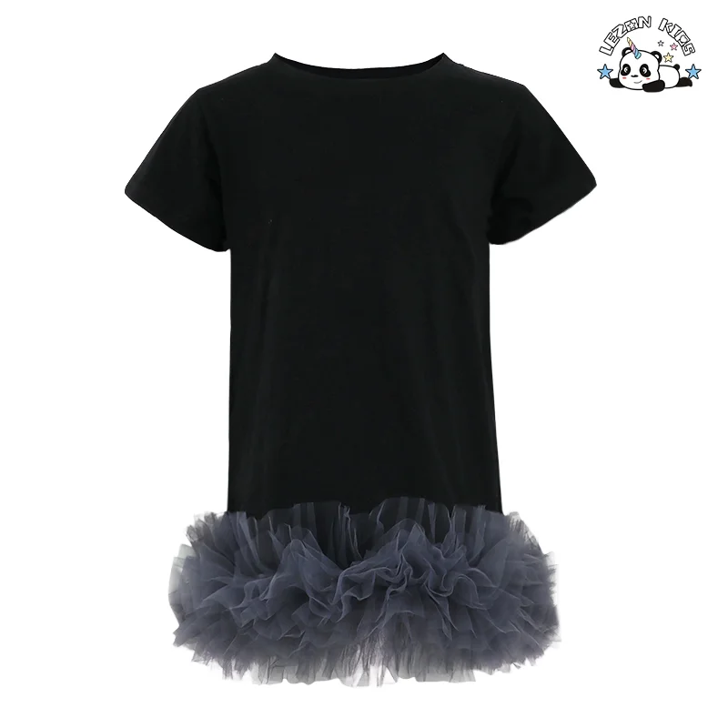 2024 High Fashion Best Quality Black Short Sleeve Cotton Girls Dresses Tulle Dress Kids Clothing for 2-14 Children