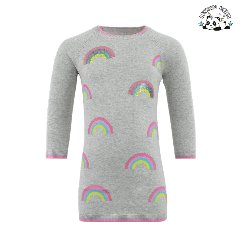 2024 High Fashion Custom Long Sleeve Kids Dress Rainbow Printed Girls Dress for 2-14 Children Clothing