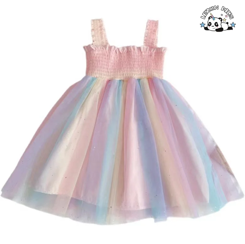 2024 High Quality Summer Sleeveless Girls Dress Rainbow Sweet Tulle Girls Dress Pressed Crepe Mesh Dress