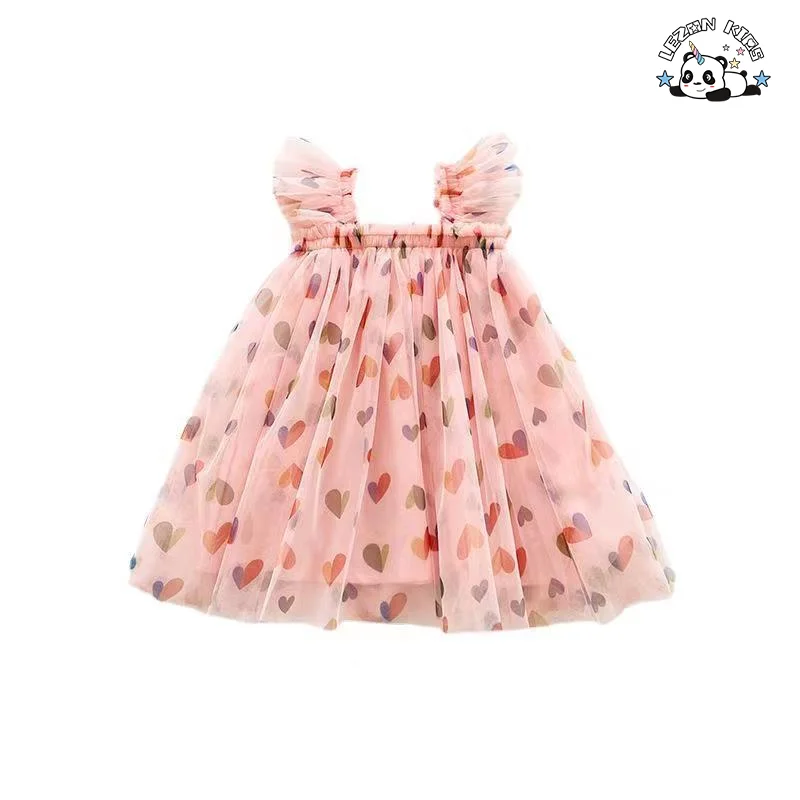 2024 High Quality heart pattern printed spaghetti strap tutu dresses for girls kids