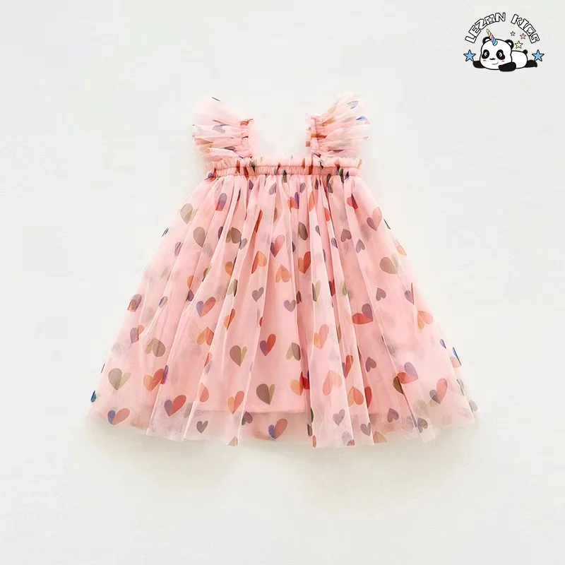 2024 High Quality heart pattern printed spaghetti strap tutu dresses for girls kids - Product Image